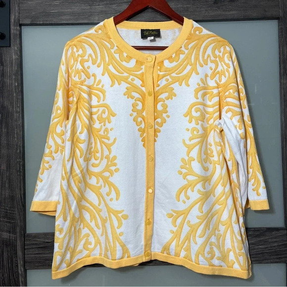 Bob Mackie Sweaters - Bob Mackie Wearable Art 100% Cotton Boho White & Yellow Cardigan 3/4 Sleeves 1X